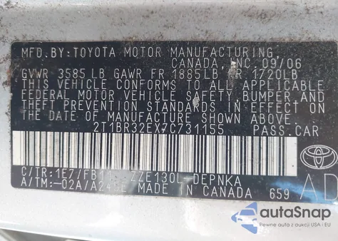 2007 Toyota Corolla Le из США, поврежденный, VIN 2T1BR32EX7C731155